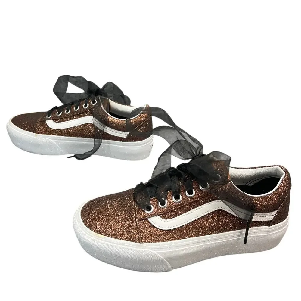 Vans Old Skool Sparkly Bronze Glitter Platform Sole Skate Shoe Sneaker Women 5.5